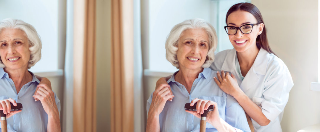 Smiling and cheerful senior women with her kind nurse